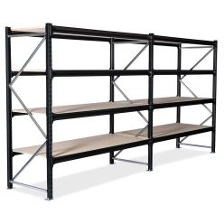 Lagerreol 2 reoler. H2000 x L3850 x D800 mm. Med sponplatehyller. RAL9005 Jet black - Tunglastreol