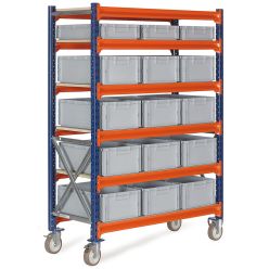 Lagerreol på hjul med 1/4 pallekasser - 3 x 476412 + 12 x 476422 - Lagerreoler