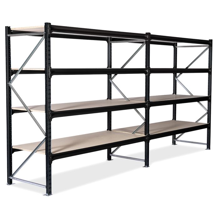 Lagerreol 2 reoler. H2000 x L3850 x D800 mm. Med sponplatehyller. RAL9005 Jet black - 